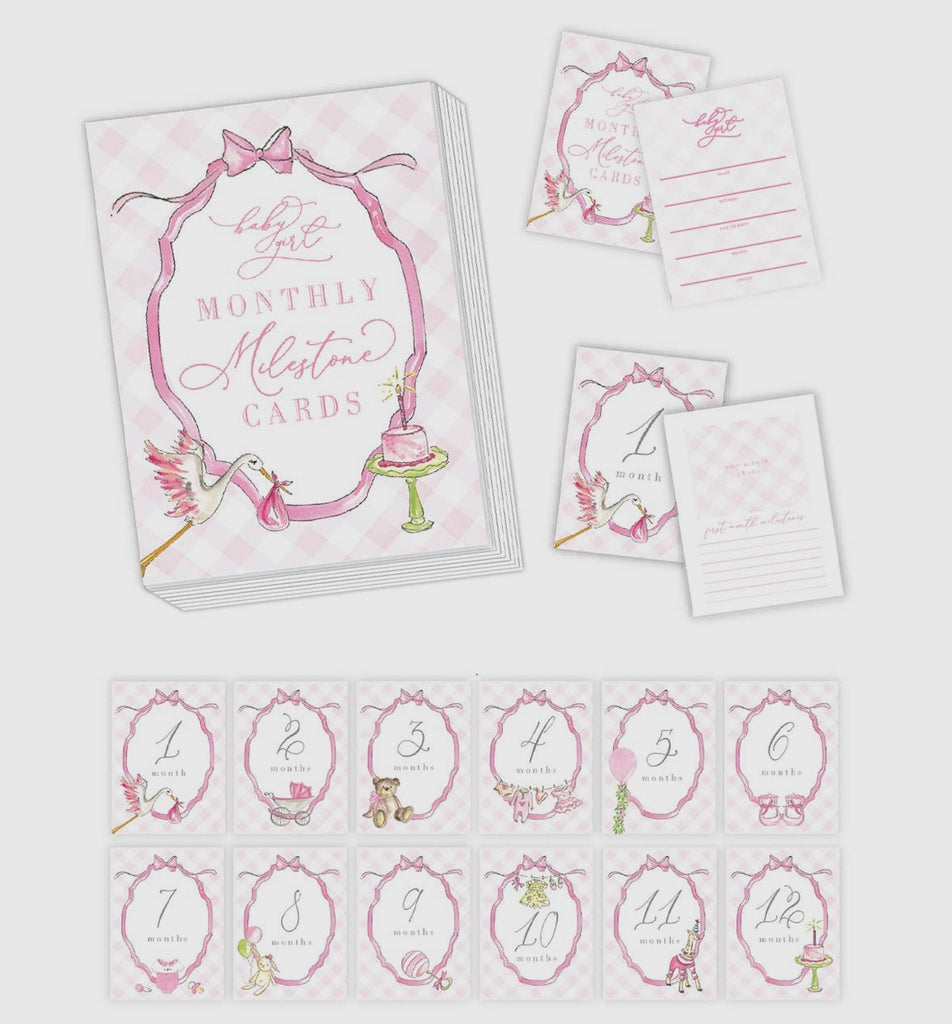 Watercolor Baby Girl Pink Gingham Milestone Cards