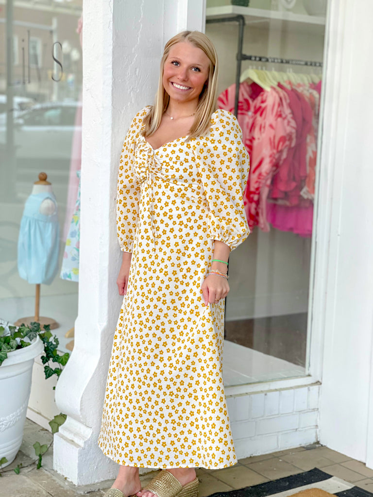 Taryn Sweetheart Puff Sleeve Yellow Midi Dress