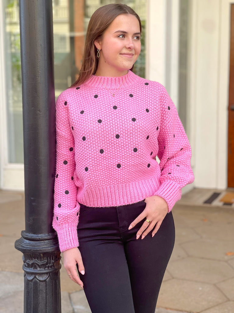 Minnie Embroidered Pink & Black Dot Sweater