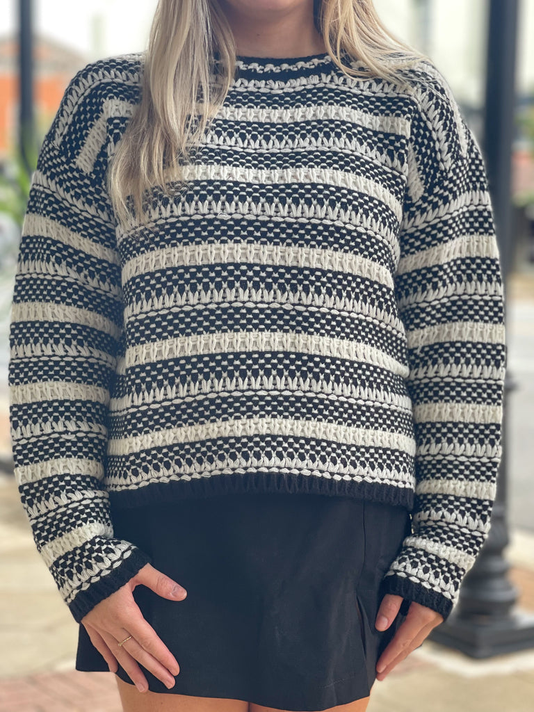 Striped Black And White Patterned Knit Sweater