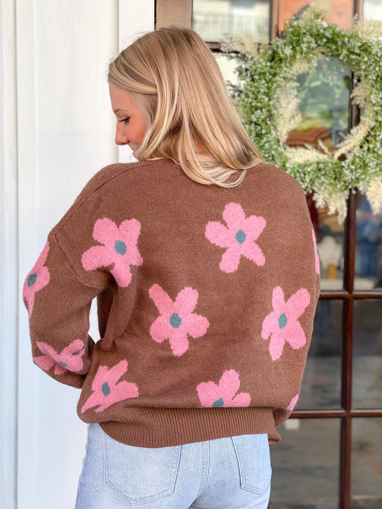 Pink Floral Brown Sweater