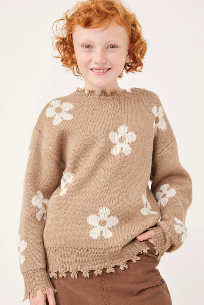 TWEEN Distressed Floral Patterned Pullover Sweater
