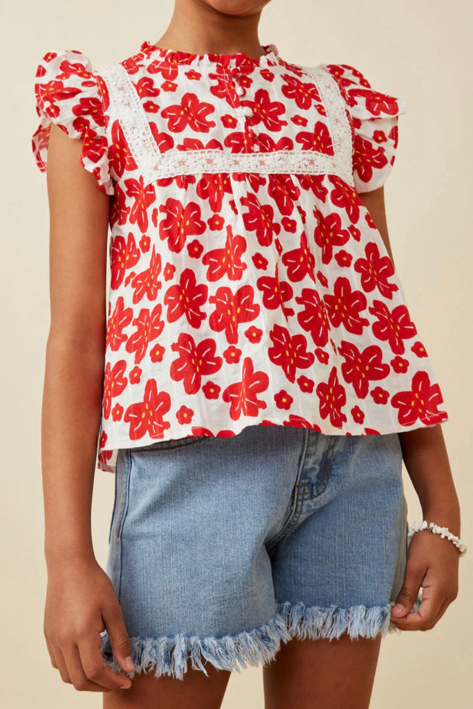 TWEEN Red Embroidery Textured Floral Lace Top