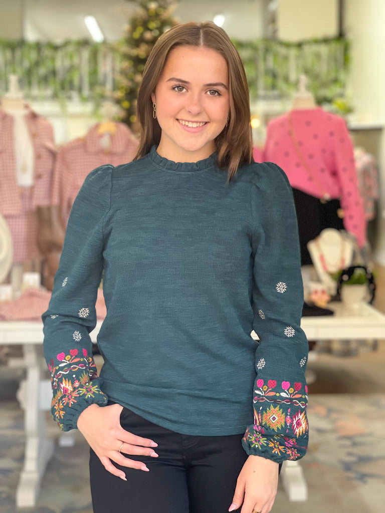 Teal Embroidered Long Sleeve Knit Top